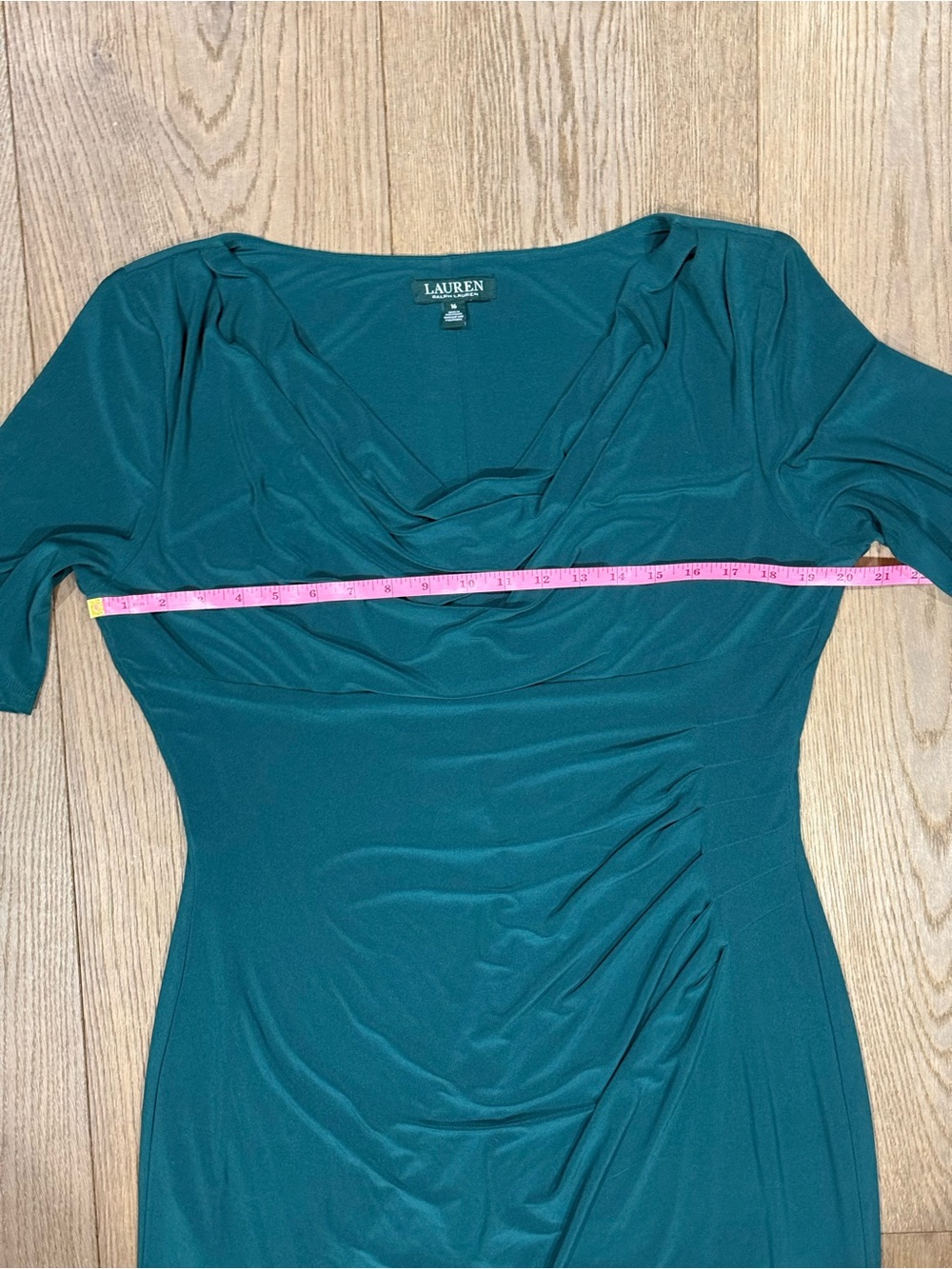 Lauren Ralph Lauren Spruce Green Draped Cowl Neck Ruched Midi Sheath Dress - Picture 7 of 7